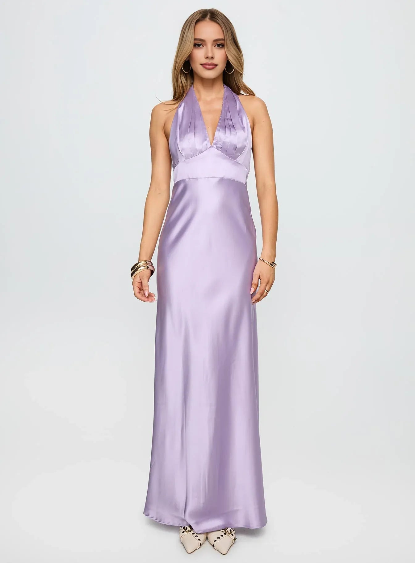 Lavender Satin Halter Neck Backless Maxi Dress Beautiful Floor Length Prom Dresses